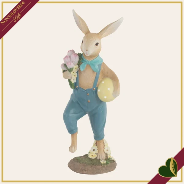Coniglio e coniglietta decorativi in resina con fiori, altezza 27–28,5 cm