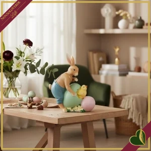 Coniglio decorativo in resina con uova e pulcino, altezza 23 cm