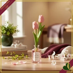 8058196017472-0 Diffusore profumato rosa “Spring Tulips” 100 ml in vetro con tulipani decorativi, diametro 6 cm