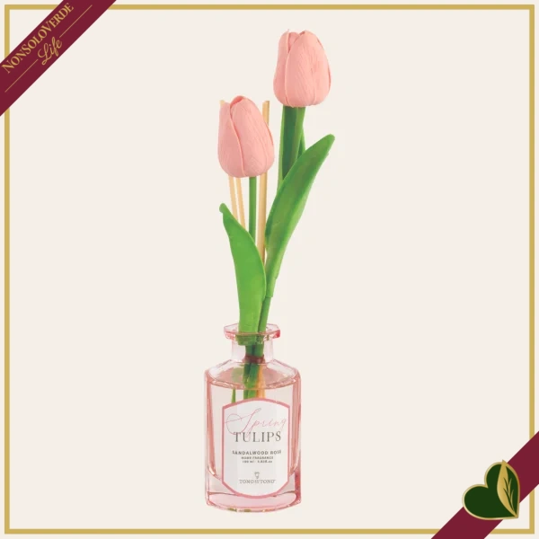 Diffusore profumato rosa “Spring Tulips” 100 ml in vetro con tulipani decorativi, diametro 6 cm