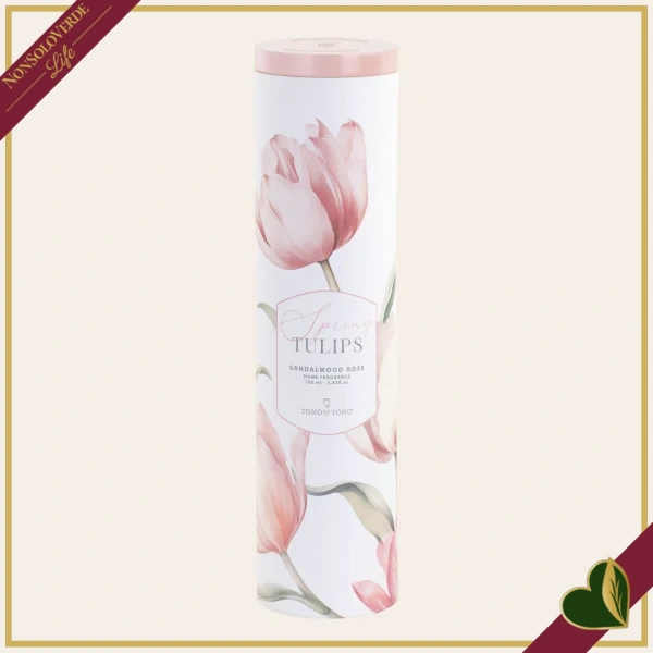 Diffusore profumato rosa “Spring Tulips” 100 ml in vetro con tulipani decorativi, diametro 6 cm