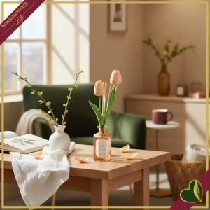 8058196017489-0 Diffusore profumato pesca “Spring Tulips” 100 ml in vetro con tulipani decorativi, diametro 6 cm