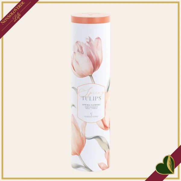 Diffusore profumato pesca “Spring Tulips” 100 ml in vetro con tulipani decorativi, diametro 6 cm