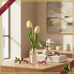 8058196017496-0 Diffusore profumato giallo “Spring Tulips” 100 ml in vetro con tulipani decorativi, diametro 6 cm