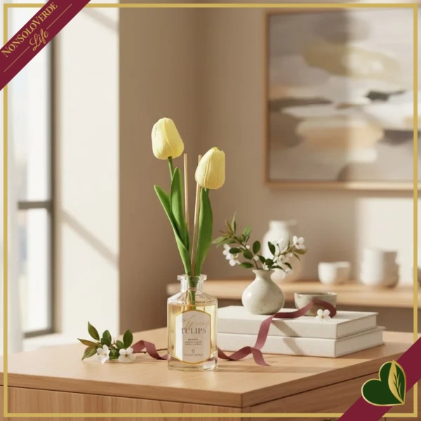 Diffusore profumato giallo “Spring Tulips” 100 ml in vetro con tulipani decorativi, diametro 6 cm