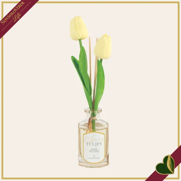 Diffusore profumato giallo “Spring Tulips” 100 ml in vetro con tulipani decorativi, diametro 6 cm