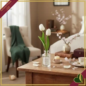8058196017502-0 Diffusore profumato bianco “Spring Tulips” 100 ml in vetro con tulipani decorativi, diametro 6 cm