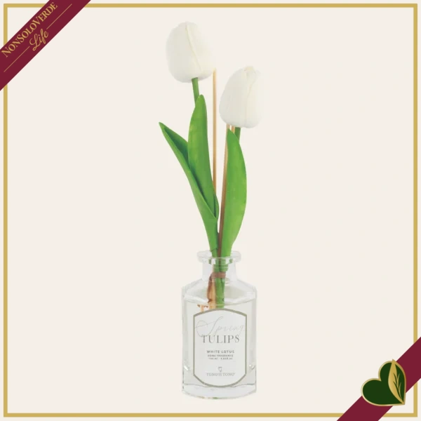 Diffusore profumato bianco “Spring Tulips” 100 ml in vetro con tulipani decorativi, diametro 6 cm