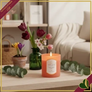 Candela profumata pesca “Spring Tulips” in vetro satinato, diametro 8 cm