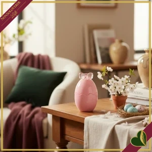 Contenitore uovo in vetro rosa con fiocco, altezza 17 cm
