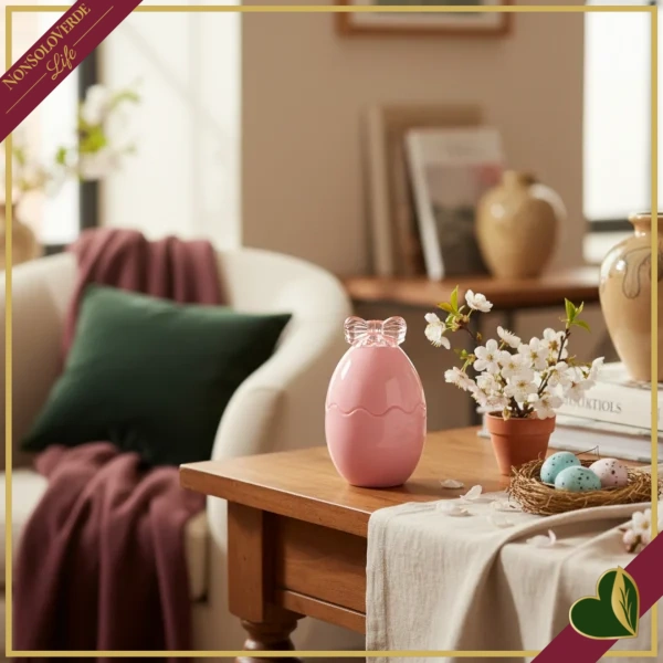Contenitore uovo in vetro rosa con fiocco, altezza 17 cm