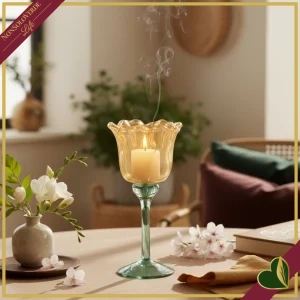 Portacandela in vetro a tulipano giallo con stelo verde, altezza 20 cm