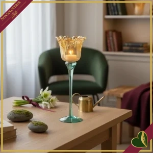 Portacandela in vetro a tulipano giallo con stelo verde, altezza 27,5 cm