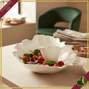 Centrotavola fiore con rouches bianco in ceramica smaltata, diametro 37,5 cm