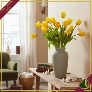 Tulipano artificiale Real Touch “aperto”, mazzo 3 steli con foglie, colore giallo, altezza 48 cm