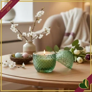 Candela uovo in vetro verde sfaccettato, profumo Fig & Gardenia, altezza 12 cm