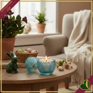 Candela uovo in vetro azzurro sfaccettato, profumo Waterlily & Moss, altezza 12 cm