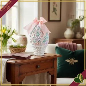 Uovo decorativo floreale in poliresina con fiocco rosa, multicolor, altezza 30 cm