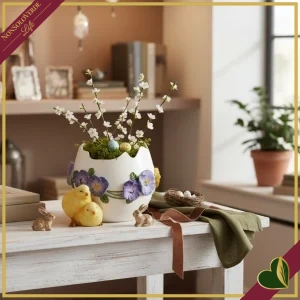 Vaso a forma di uovo con pulcini e fiori, altezza 14 cm