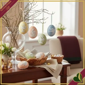 Uova decorative da appendere in poliresina, decoro conigli e uccellini in rilievo, altezza 10,5 cm
