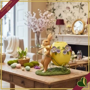 Vaso uovo con coniglio e carretto floreale giallo, altezza 24 cm