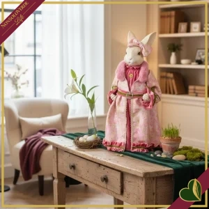 Coniglia dandy decorativa in abito rosa floreale con fiocco, altezza 51 cm