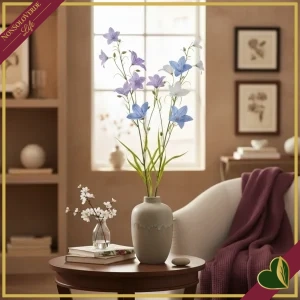 Ramo campanula artificiale con foglie, colori assortiti bianco e blu, altezza 70 cm
