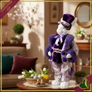 Coniglio dandy decorativo in abito viola con cilindro, altezza 55 cm