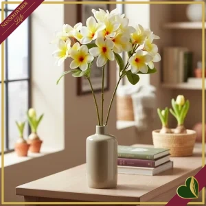 Ramo di frangipane artificiale con foglie bianco e giallo, altezza 90 cm