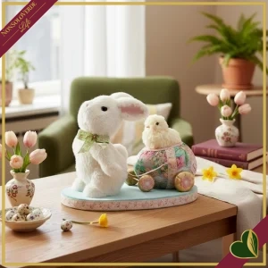 Coniglio decorativo con pulcino su uovo floreale con carrellino, lunghezza 42 cm
