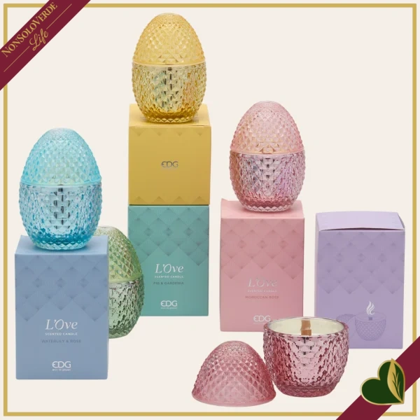 Candela uovo in vetro ambra sfaccettato, profumo Ginger & Warm Vanilla, altezza 12 cm