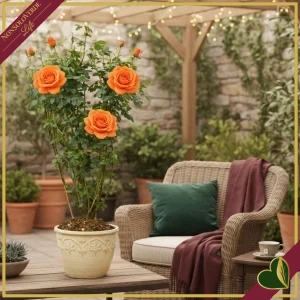 Rosa rampicante Trellis arancio, vaso 19 cm, spalliera, alta circa 70–90 cm