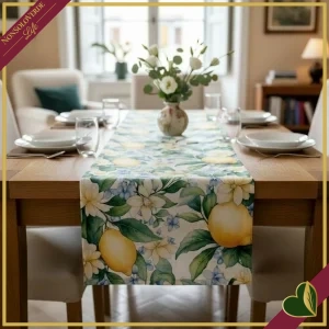 Runner antimacchia Radici Lemon con stampa limoni e fiori, 50x155 cm