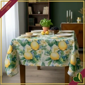 Tovaglia antimacchia Radici Lemon con stampa limoni e fiori, 155x270 cm