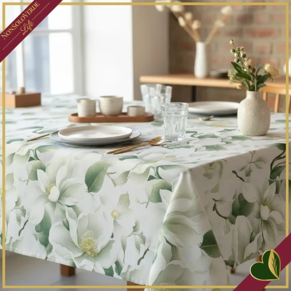 Tovaglia antimacchia Radici Aries con stampa floreale bianca, 155x220 cm