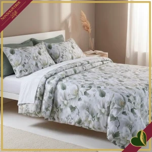 Completo letto Aries in percalle di cotone riciclato con stampa floreale matrimoniale