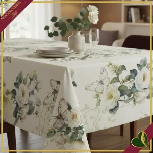 Tovaglia Bloom Tea Rose in cotone con stampa floreale e farfalle, 150x220 cm