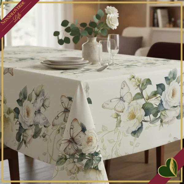 Tovaglia Bloom Tea Rose in cotone con stampa floreale e farfalle, 150x220 cm