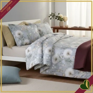 Completo letto matrimoniale Brezza in percalle di cotone riciclato con stampa botanica