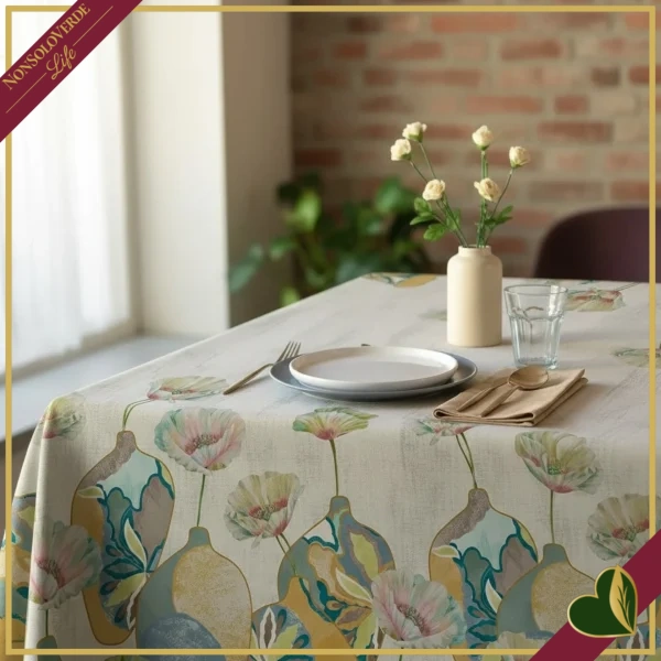 Tovaglia antimacchia Radici Faenza con stampa vasi decorativi e fiori, 155x220 cm