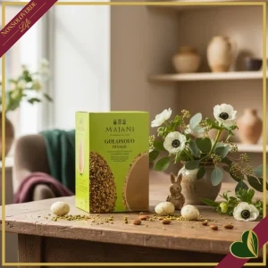 8003288844375-0 Golosovo Majani, cioccolato bianco con granella di pistacchi e mandorle salate, con sorpresa, 450 grammi