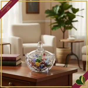 8003581305436-0 Scatola in vetro trasparente con coperchio e rilievo ricciolo, altezza 18 cm