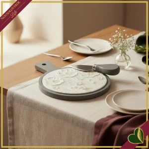 Tagliere in legno e ceramica tortora con decoro floreale e coltello formaggio, lunghezza 20 cm