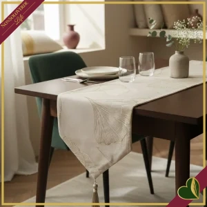 Runner jacquard Ginkgo beige e oro con nappine, 33x180 cm