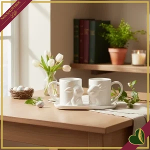 8016175582861-0 Set “Bunny” 3 pezzi in ceramica con 2 tazze e vassoio, lunghezza 28 cm