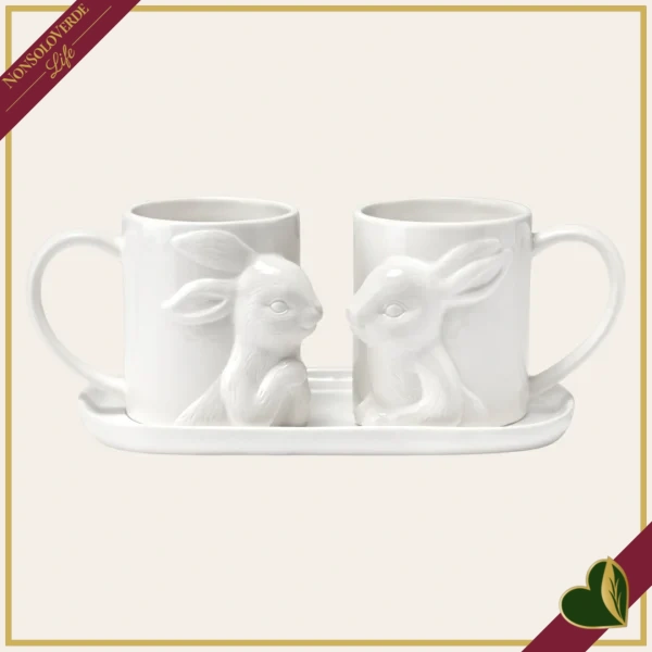 Set “Bunny” 3 pezzi in ceramica con 2 tazze e vassoio, lunghezza 28 cm