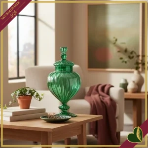 Potiche “Bon-Bon” verde in vetro con coperchio, altezza 25,5 cm