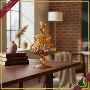 Potiche “Bon-Bon” ambra in vetro con coperchio, altezza 28 cm