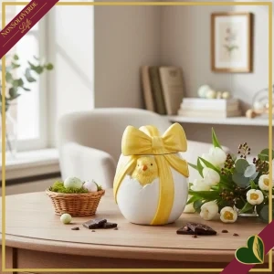 8016175591825-0 Uovo decorativo Happy Chick in ceramica con pulcino e fiocco giallo, altezza 15,5 cm