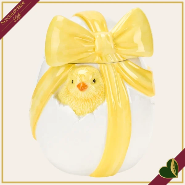Uovo decorativo Happy Chick in ceramica con pulcino e fiocco giallo, altezza 15,5 cm